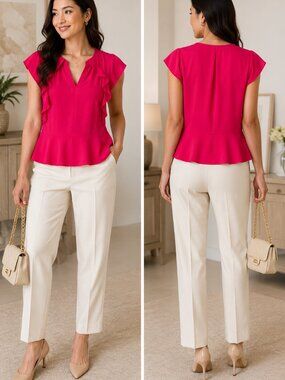 Banana Republic Hot Pink Ruffle Cap-Sleeve Peplum Top